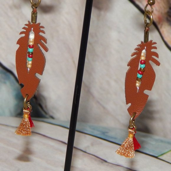 New BoHo Leather Feather Beaded Tasseled Earrings - Picture 2 of 8